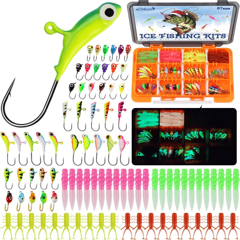 Dovesun Ice Fishing Jigs Kit 87pcs, Ice Fishing Lures Glow in The Dark Ice Jigs with Adjustable Ice Fishing Gear for Panfish Crappie Walleye Jigs Set - Image 1